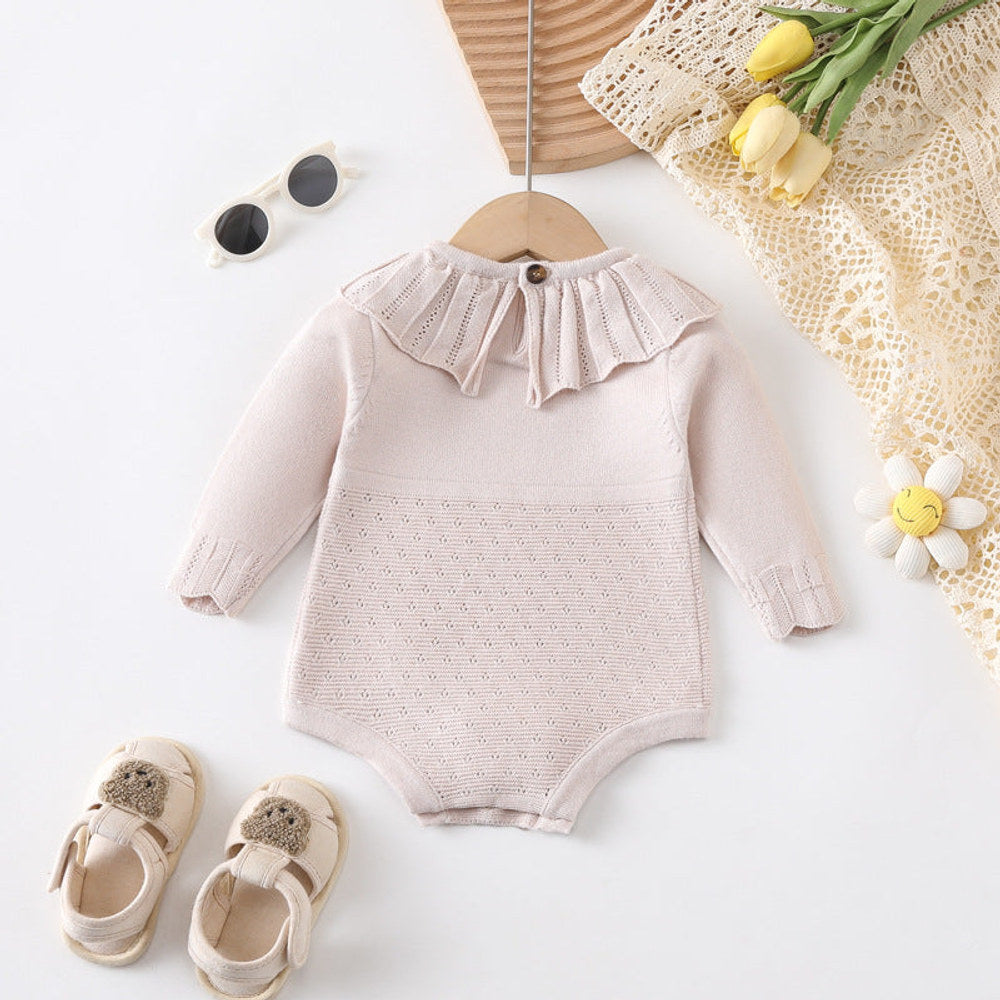 MyKids-USA® Design Baby Girls Solid Color Long Sleeves Hollow Out Ruffle Collar Knitted bodysuit