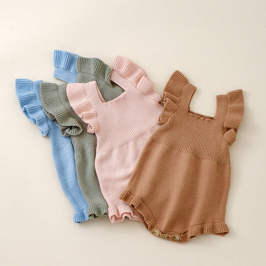 MyKids-USA® Baby Girls Solid Color Fly Sleeves Square Neck Knitted bodysuit