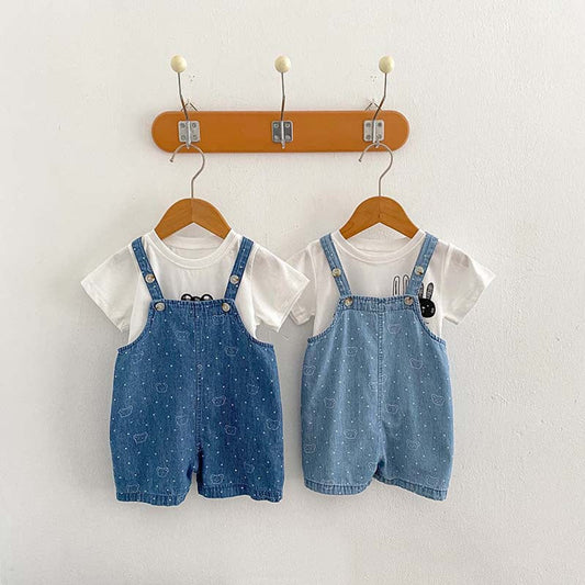 MyKids-USA® Baby Kids Unisex Teddy Print White Dots Denim Overalls