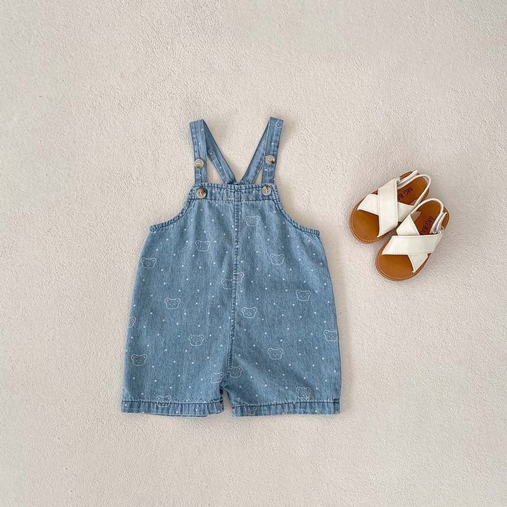 MyKids-USA® Baby Kids Unisex Teddy Print White Dots Denim Overalls