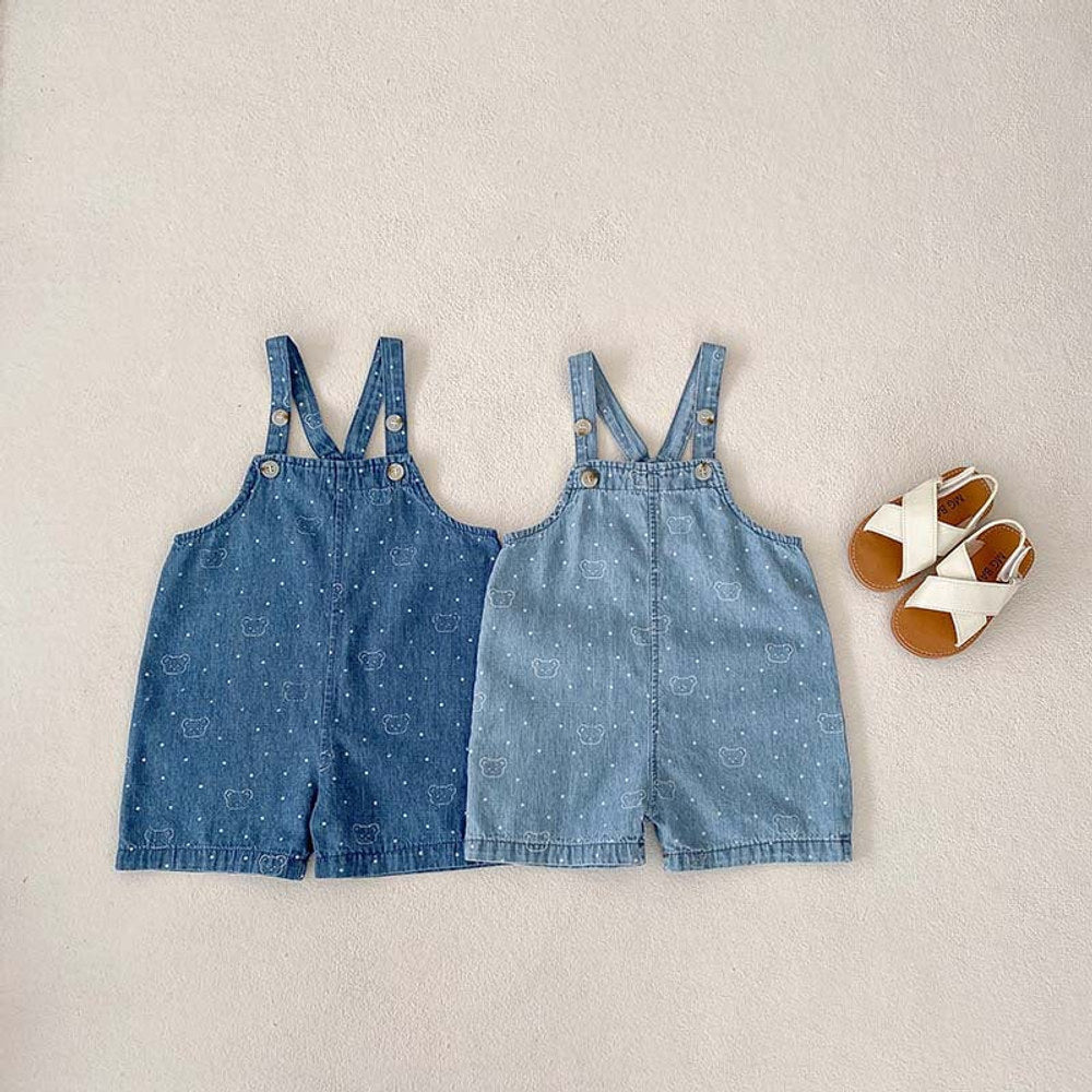 MyKids-USA® Baby Kids Unisex Teddy Print White Dots Denim Overalls
