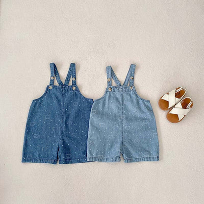 MyKids-USA® Baby Kids Unisex Teddy Print White Dots Denim Overalls