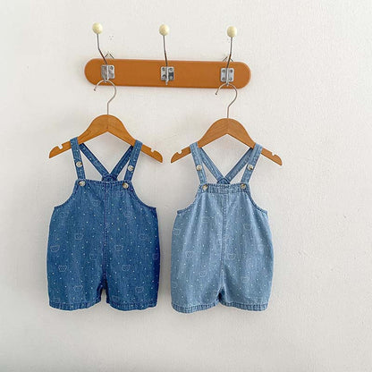 MyKids-USA® Baby Kids Unisex Teddy Print White Dots Denim Overalls