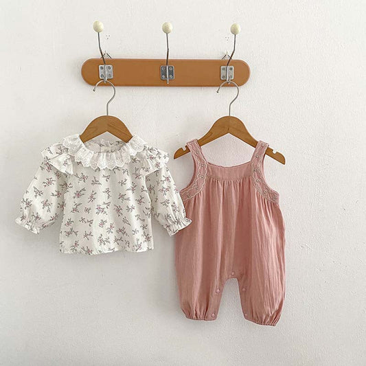 MyKids-USA® Baby Girls Floral Print Long Sleeves Top And Pink Strap Overalls Romper Clothing