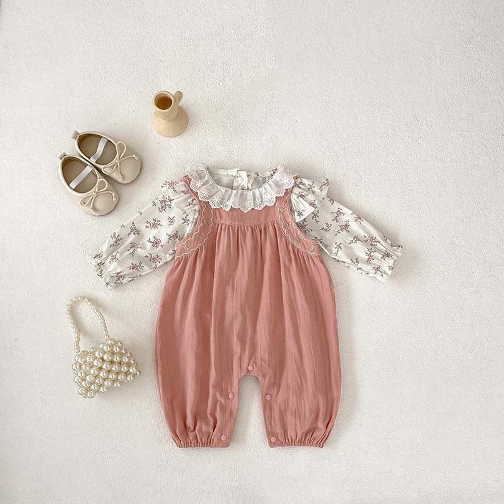 MyKids-USA® Baby Girls Floral Print Long Sleeves Top And Pink Strap Overalls Romper Clothing