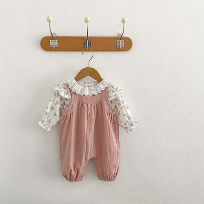 MyKids-USA® Baby Girls Floral Print Long Sleeves Top And Pink Strap Overalls Romper Clothing