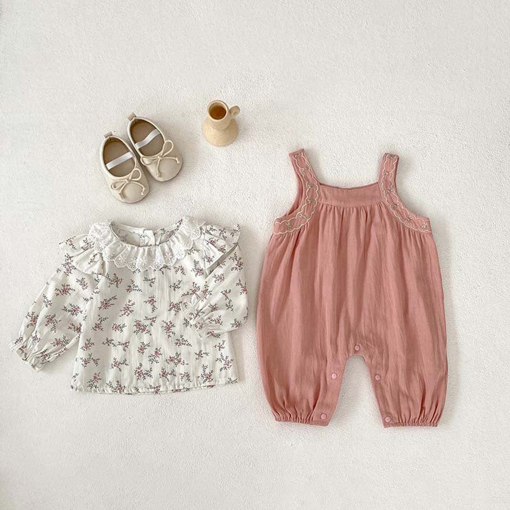 MyKids-USA® Baby Girls Floral Print Long Sleeves Top And Pink Strap Overalls Romper Clothing
