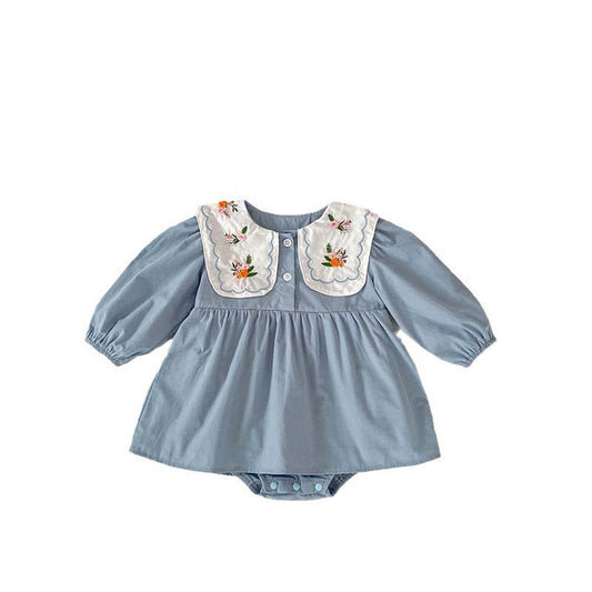 MyKids-USA® Autumn Arrival Baby Girls Long Sleeves Flowers Embroidered Pattern Crew Neck bodysuit Dress
