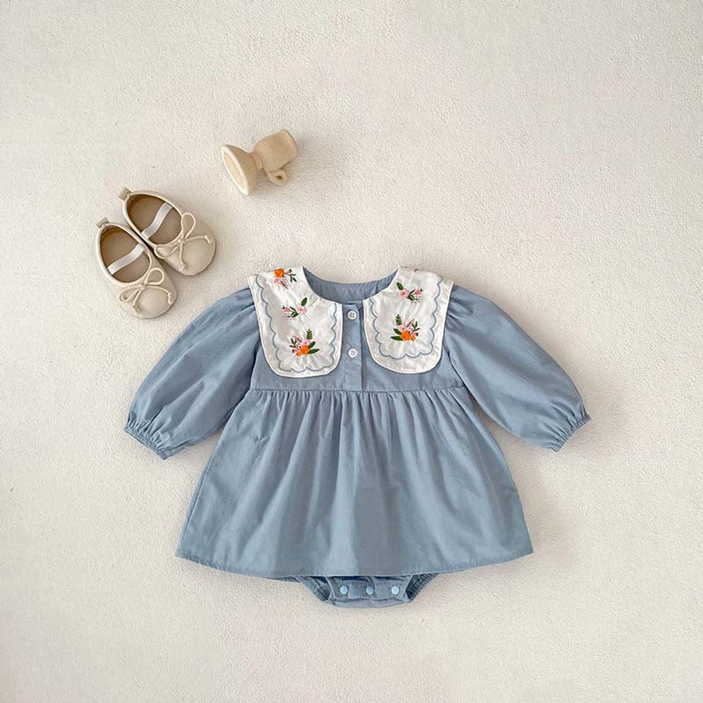 MyKids-USA® Baby Girls Long Sleeves Flowers Embroidered Pattern Crew Neck bodysuit Dress