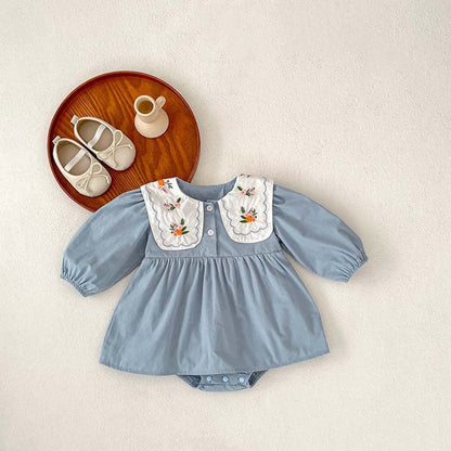 MyKids-USA® Baby Girls Long Sleeves Flowers Embroidered Pattern Crew Neck bodysuit Dress