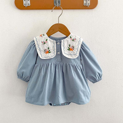 MyKids-USA® Baby Girls Long Sleeves Flowers Embroidered Pattern Crew Neck bodysuit Dress