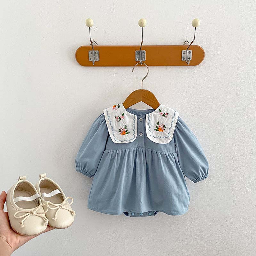 MyKids-USA® Baby Girls Long Sleeves Flowers Embroidered Pattern Crew Neck bodysuit Dress