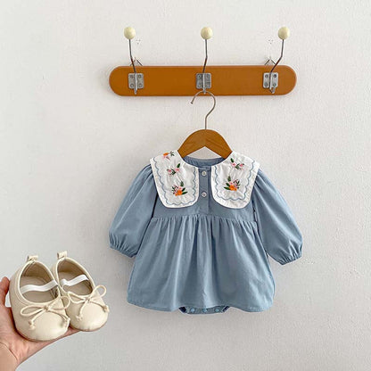 MyKids-USA® Baby Girls Long Sleeves Flowers Embroidered Pattern Crew Neck bodysuit Dress