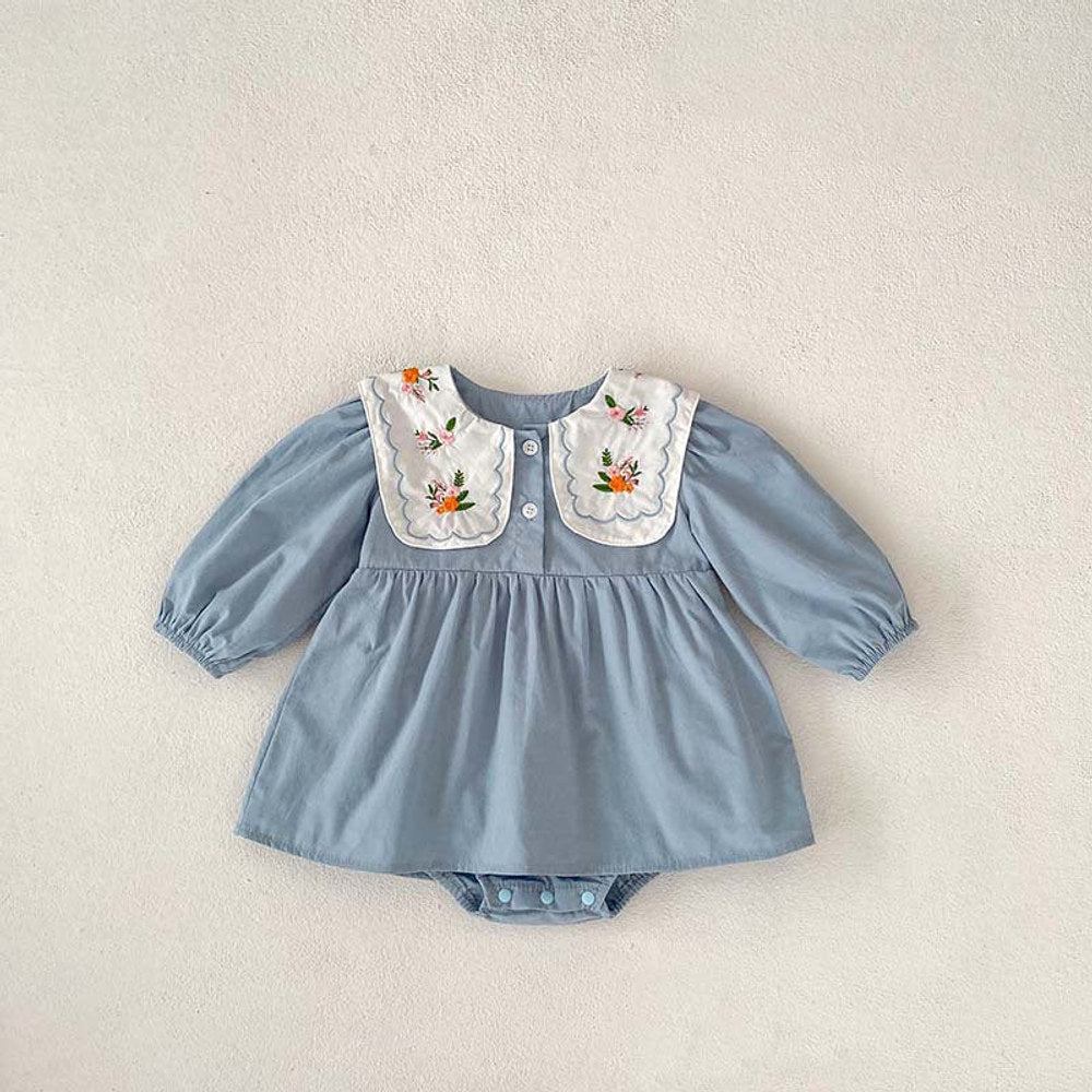 MyKids-USA® Baby Girls Long Sleeves Flowers Embroidered Pattern Crew Neck bodysuit Dress