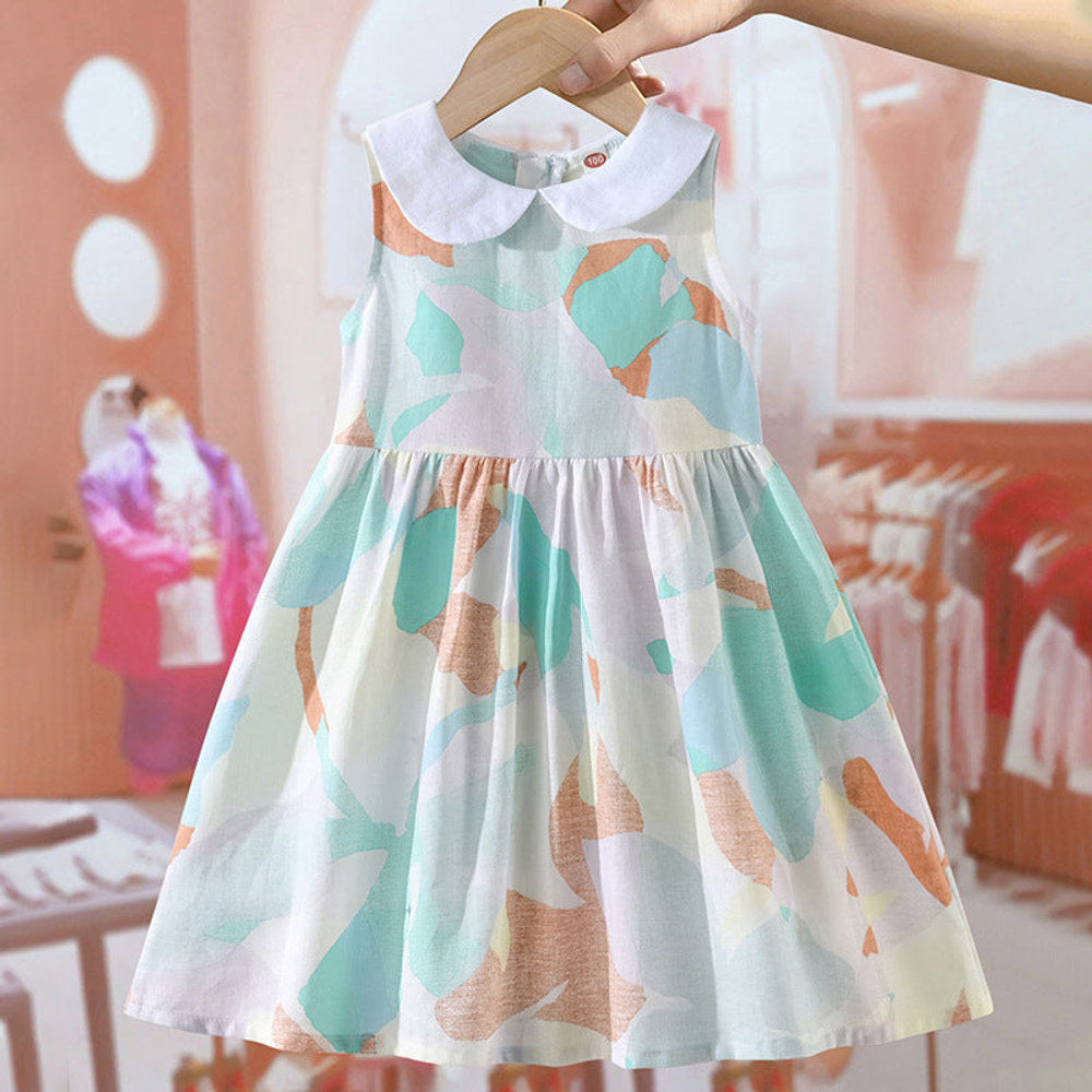 MyKids-USA® Girls Sleeveless Peter Pan Collar Colorful Pattern Thin Dress