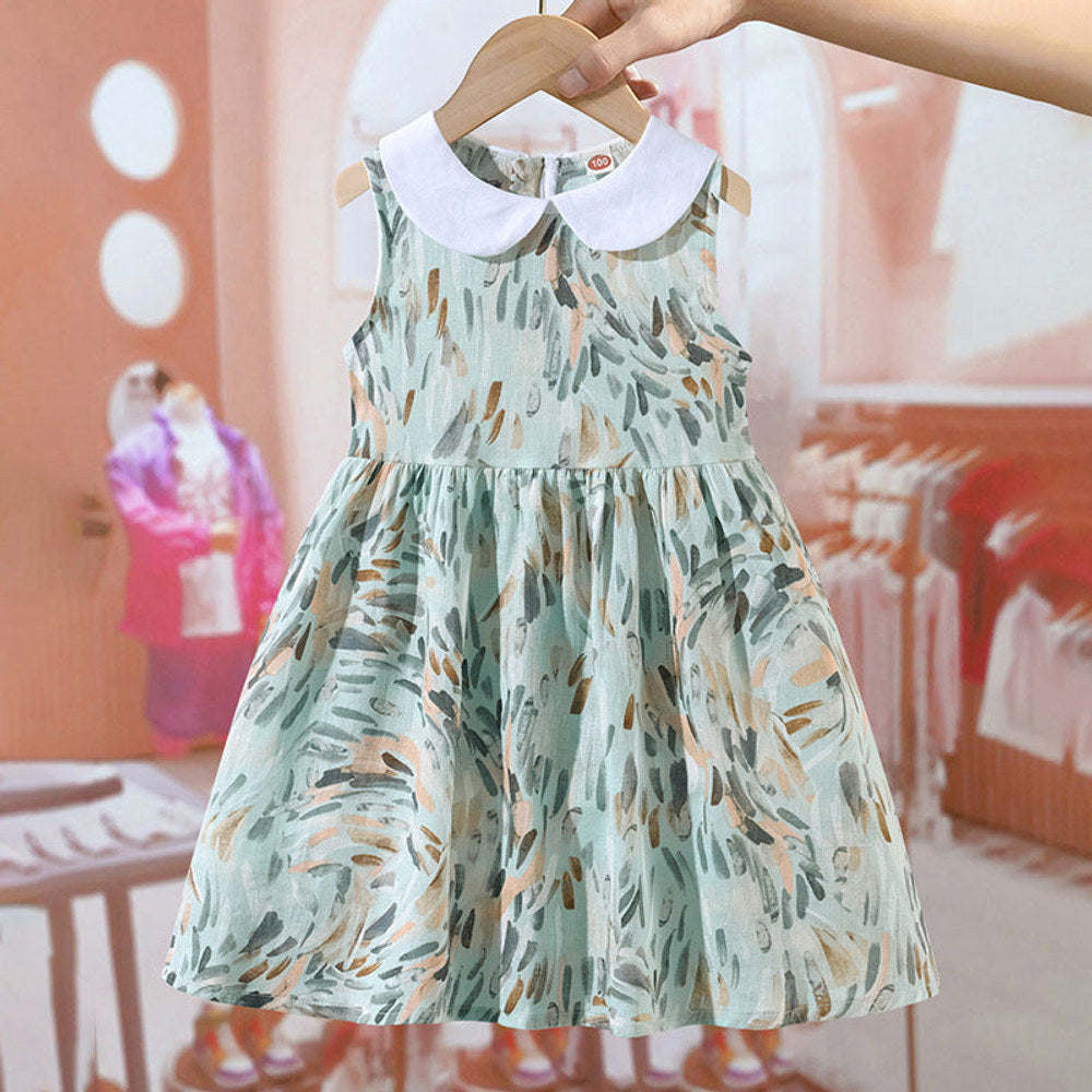 MyKids-USA® Girls Sleeveless Peter Pan Collar Colorful Pattern Thin Dress