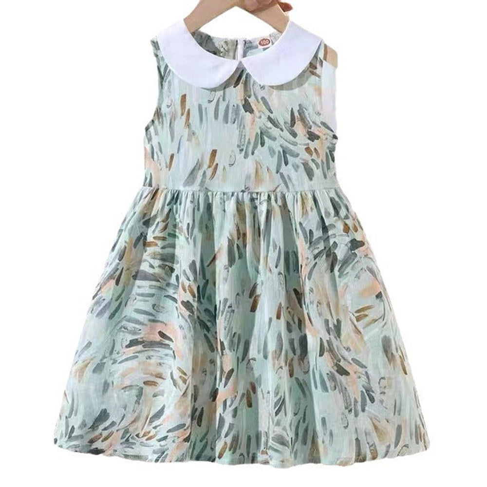 MyKids-USA® Girls Sleeveless Peter Pan Collar Colorful Pattern Thin Dress