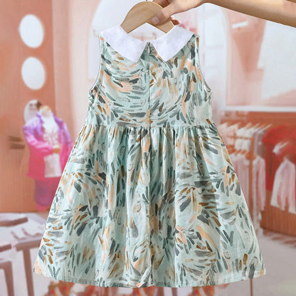 MyKids-USA® Girls Sleeveless Peter Pan Collar Colorful Pattern Thin Dress