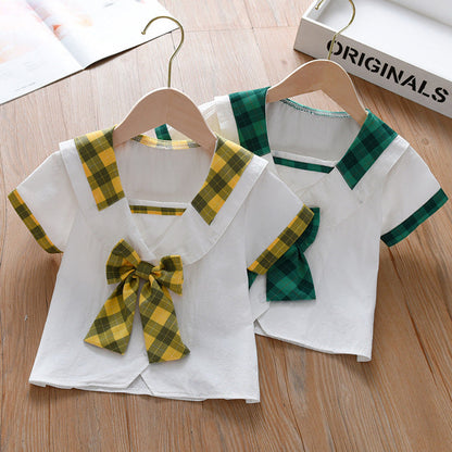 MyKids-USA® Design Baby Kids Girls Geometric Argyle Pattern Square Neck Short Sleeves Preppy Tops