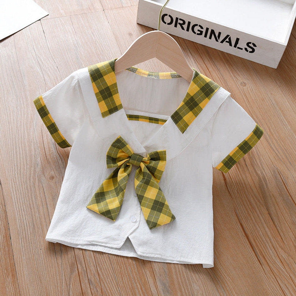 MyKids-USA® Design Baby Kids Girls Geometric Argyle Pattern Square Neck Short Sleeves Preppy Tops