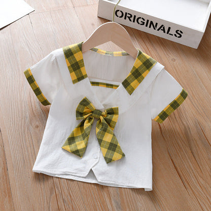 MyKids-USA® Design Baby Kids Girls Geometric Argyle Pattern Square Neck Short Sleeves Preppy Tops