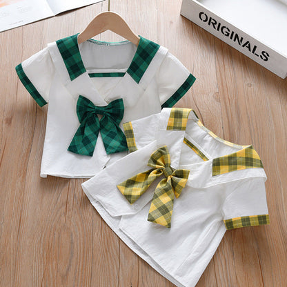 MyKids-USA® Design Baby Kids Girls Geometric Argyle Pattern Square Neck Short Sleeves Preppy Tops