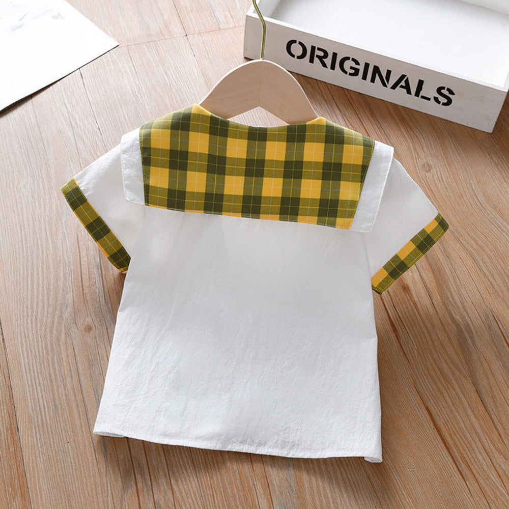MyKids-USA® Design Baby Kids Girls Geometric Argyle Pattern Square Neck Short Sleeves Preppy Tops