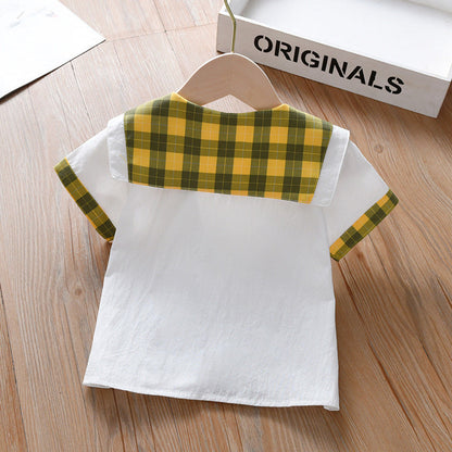 MyKids-USA® Design Baby Kids Girls Geometric Argyle Pattern Square Neck Short Sleeves Preppy Tops
