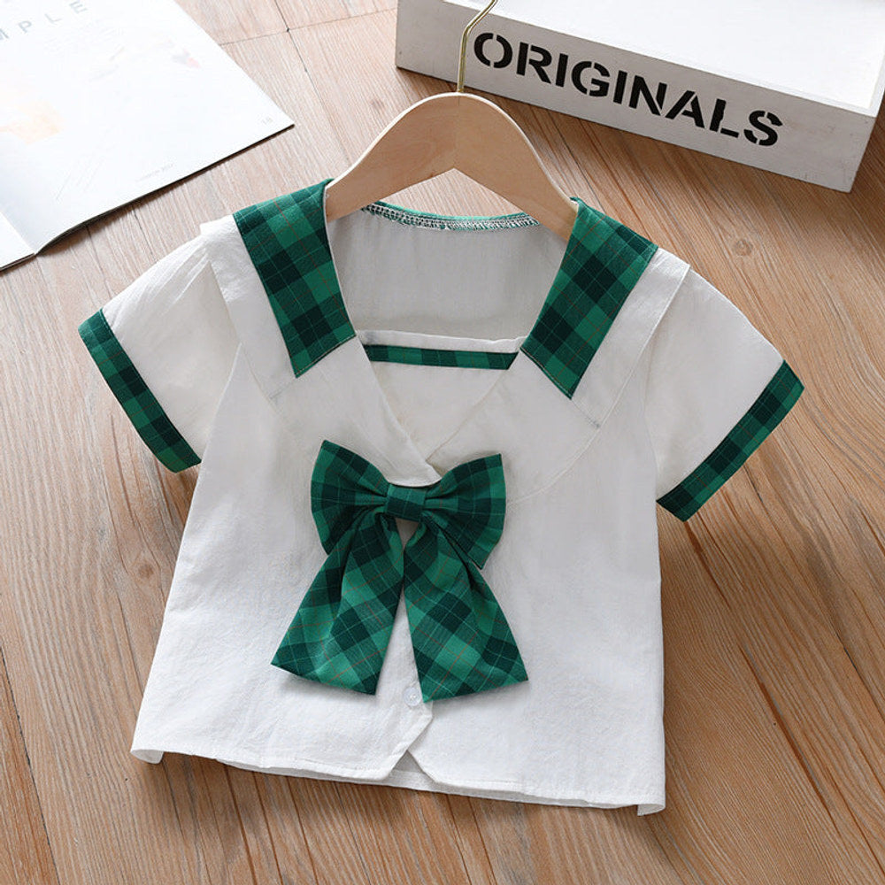 MyKids-USA® Design Baby Kids Girls Geometric Argyle Pattern Square Neck Short Sleeves Preppy Tops