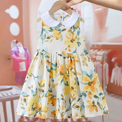 MyKids-USA® Girls Sleeveless Peter Pan Collar Flowers Pattern Thin Dress