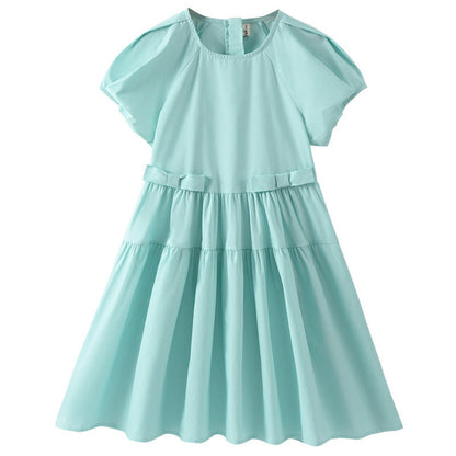 MyKids-USA® Kids Girls Simple Style Solid Color Plain Cotton Short Sleeves Green Dress