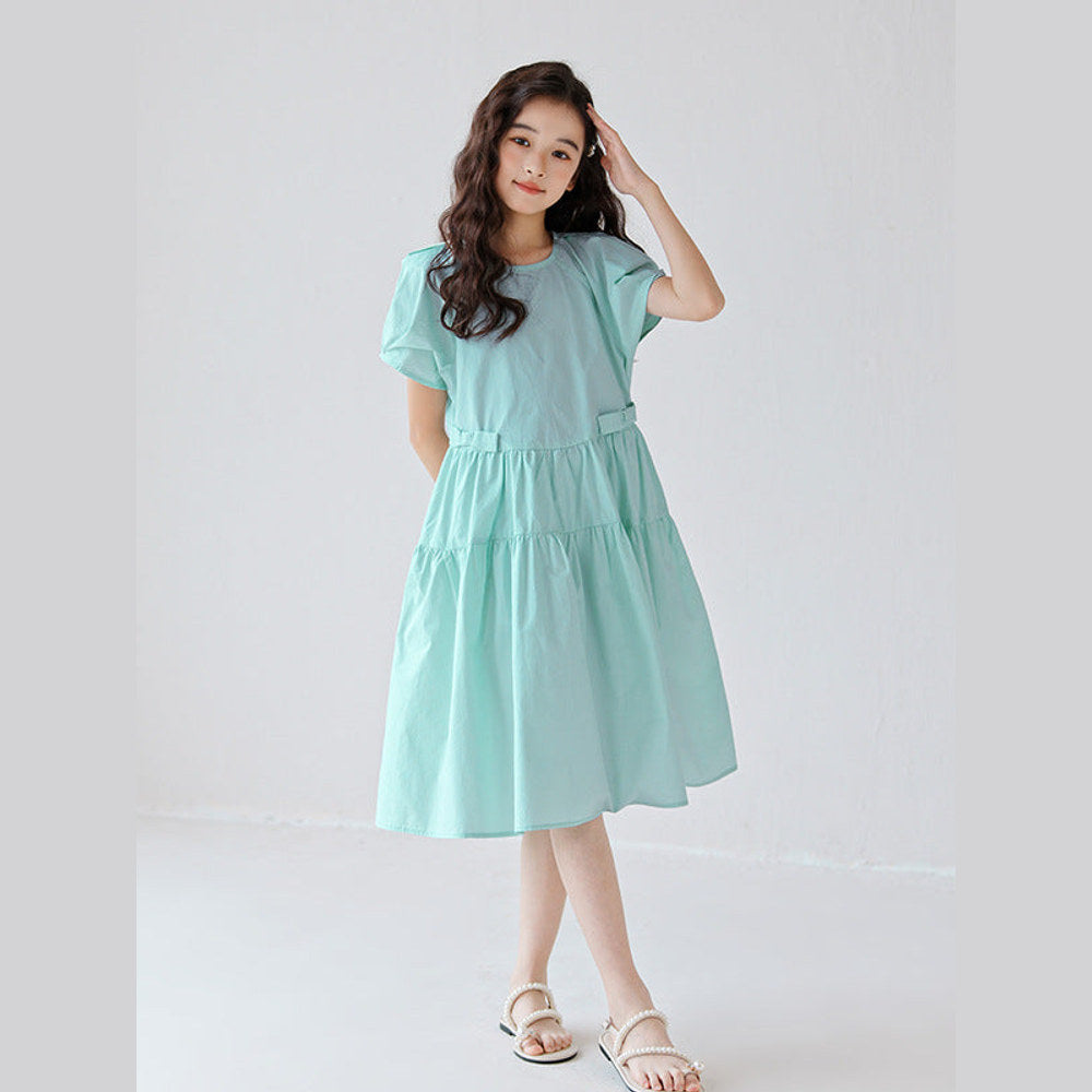 MyKids-USA Kids Girls Simple Style Solid Color Plain Cotton Short Sleeves Green Dress 120 (5-7Y) / Green