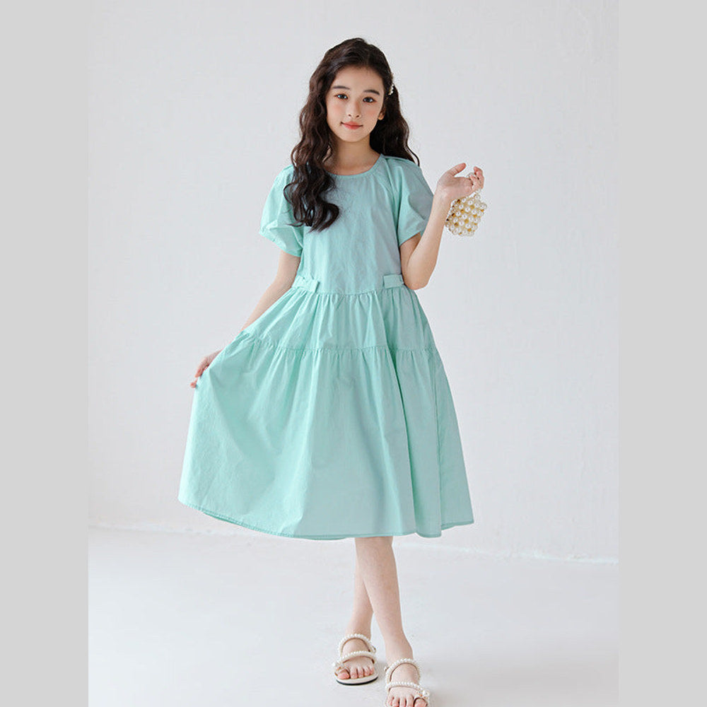 MyKids-USA Kids Girls Simple Style Solid Color Plain Cotton Short Sleeves Green Dress 120 (5-7Y) / Green