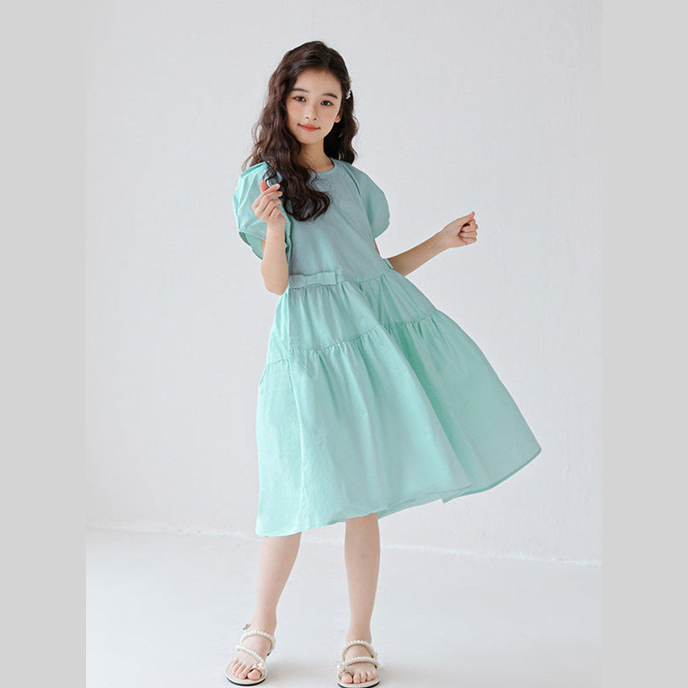 MyKids-USA Kids Girls Simple Style Solid Color Plain Cotton Short Sleeves Green Dress 120 (5-7Y) / Green