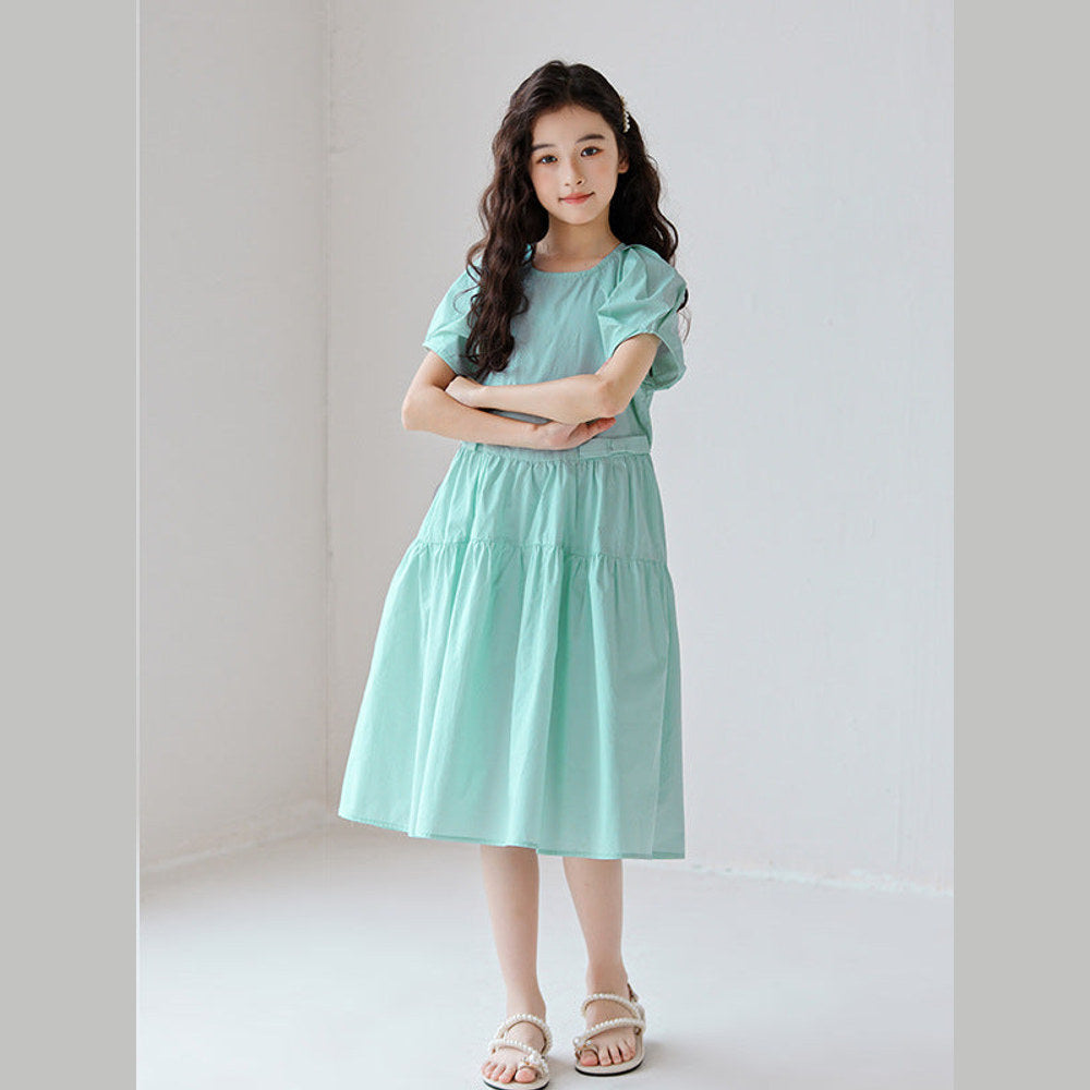 simple green dress MyKids-USA Kids Girls Style Solid Color Plain Cotton Short Sleeves 120 (5-7Y) / Green FIT:WXT The Ivory in Bloom palm trees Baileigh is wearing the