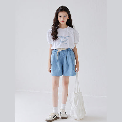 MyKids-USA® Girls Letters Pattern Short Sleeves T-Shirt And Solid Color Pleated Shorts Clothing Set