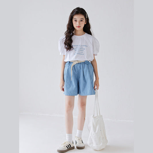 MyKids-USA® Girls Letters Pattern Short Sleeves T-Shirt And Solid Color Pleated Shorts Clothing Set