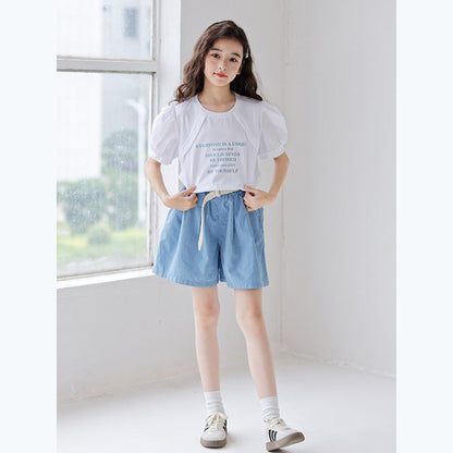 MyKids-USA® Girls Letters Pattern Short Sleeves T-Shirt And Solid Color Pleated Shorts Clothing Set