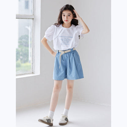 MyKids-USA® Girls Letters Pattern Short Sleeves T-Shirt And Solid Color Pleated Shorts Clothing Set