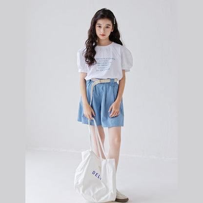 MyKids-USA® Girls Letters Pattern Short Sleeves T-Shirt And Solid Color Pleated Shorts Clothing Set
