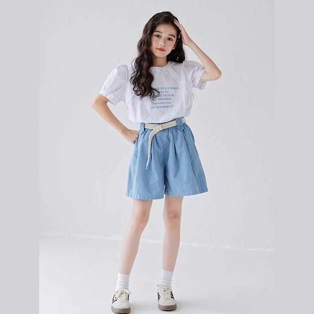 MyKids-USA® Girls Letters Pattern Short Sleeves T-Shirt And Solid Color Pleated Shorts Clothing Set