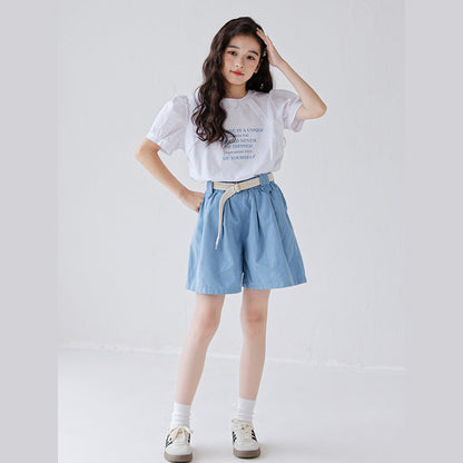 MyKids-USA® Girls Letters Pattern Short Sleeves T-Shirt And Solid Color Pleated Shorts Clothing Set