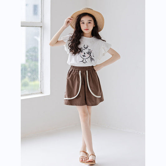 MyKids-USA® Girls Cartoon Print Short Sleeves T-Shirt And Patchwork Style Shorts Clothing Set