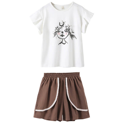 MyKids-USA® Girls Cartoon Print Short Sleeves T-Shirt And Patchwork Style Shorts Clothing Set