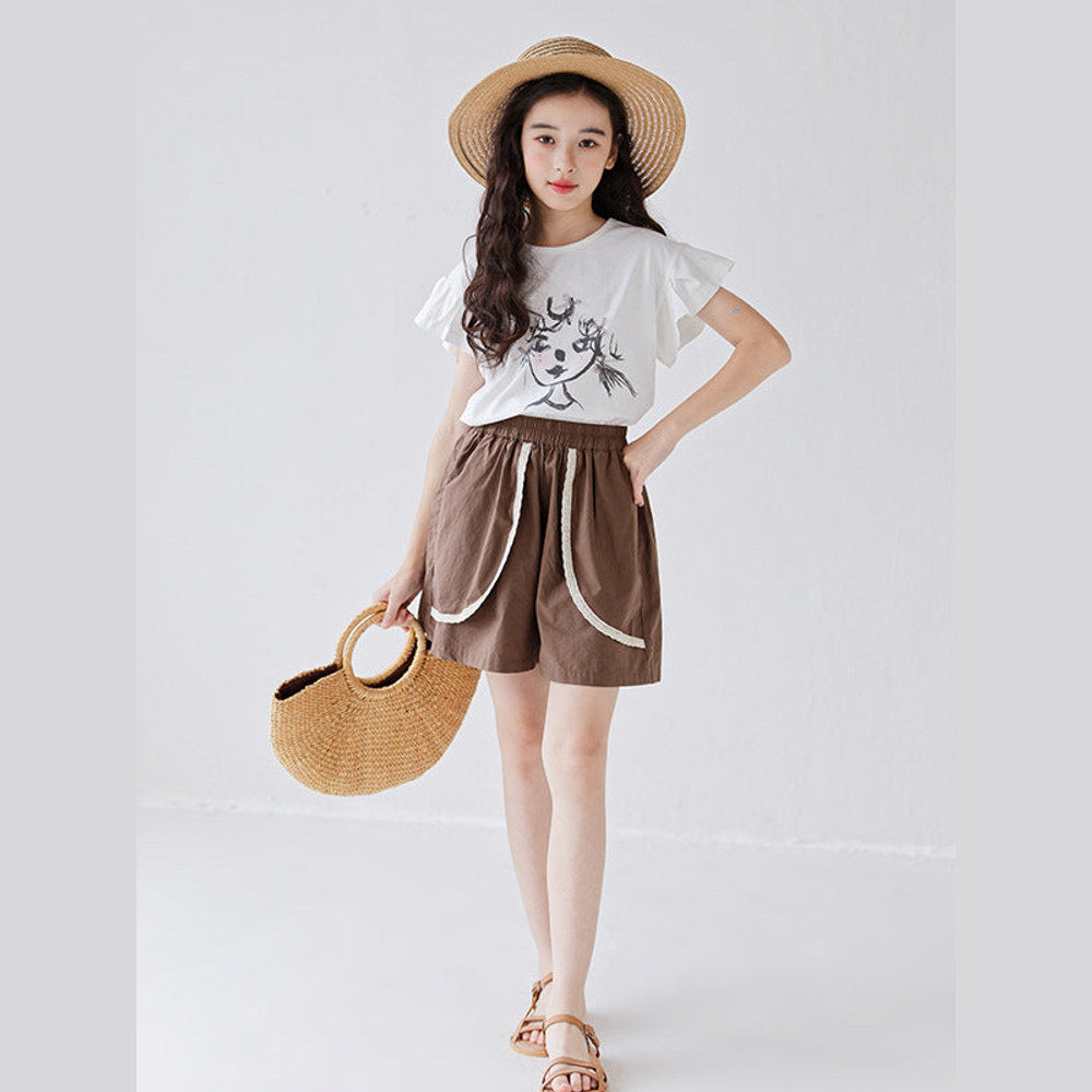 MyKids-USA® Girls Cartoon Print Short Sleeves T-Shirt And Patchwork Style Shorts Clothing Set