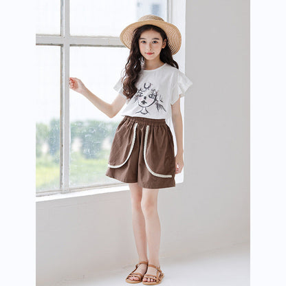 MyKids-USA® Girls Cartoon Print Short Sleeves T-Shirt And Patchwork Style Shorts Clothing Set
