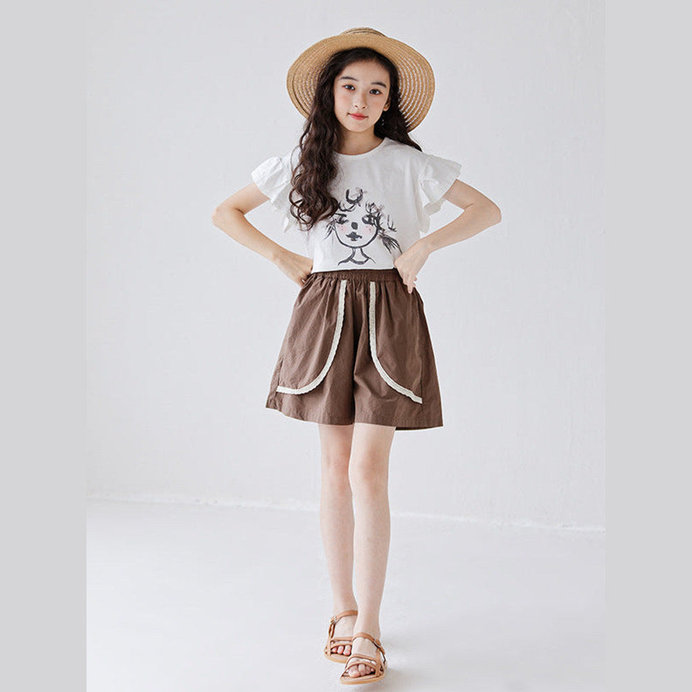 MyKids-USA® Girls Cartoon Print Short Sleeves T-Shirt And Patchwork Style Shorts Clothing Set