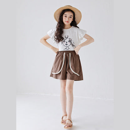 MyKids-USA® Girls Cartoon Print Short Sleeves T-Shirt And Patchwork Style Shorts Clothing Set
