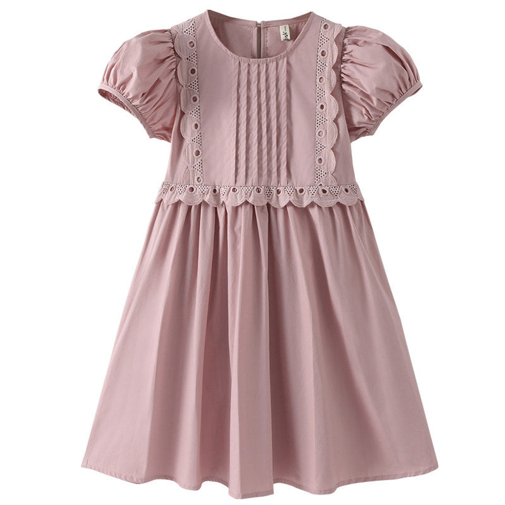 MyKids-USA® Kids Girls Simple Style Solid Color Plain Cotton Short Sleeves Hollow Out Trim Dress