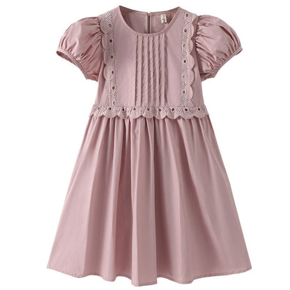 MyKids-USA® Kids Girls Simple Style Solid Color Plain Cotton Short Sleeves Hollow Out Trim Dress